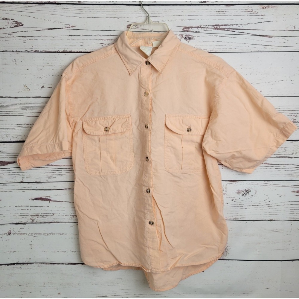 Vintage Womens Peach Button Up‎ Shirt Short Sleeve Fishing Camp Outdoor Large